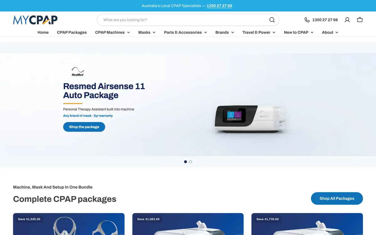 The mycpap.com.au homepage on Shopify, captured on 27 September 2026 with Killian's rebuilt banner: a search-led header, a single-line menu, a light ResMed AirSense 11 Auto Package banner with a Shop the package button, and the Complete CPAP packages row.
