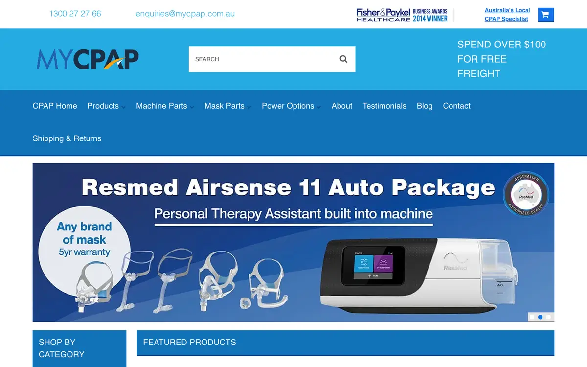 The mycpap.com.au homepage on BigCommerce, from the Internet Archive snapshot of 8 June 2026: a blue header, a menu that wraps to two lines, the ResMed AirSense 11 Auto banner and a Featured products row. Marked: Pages Google can't see; Broken internal links; Page jumps on mobile.